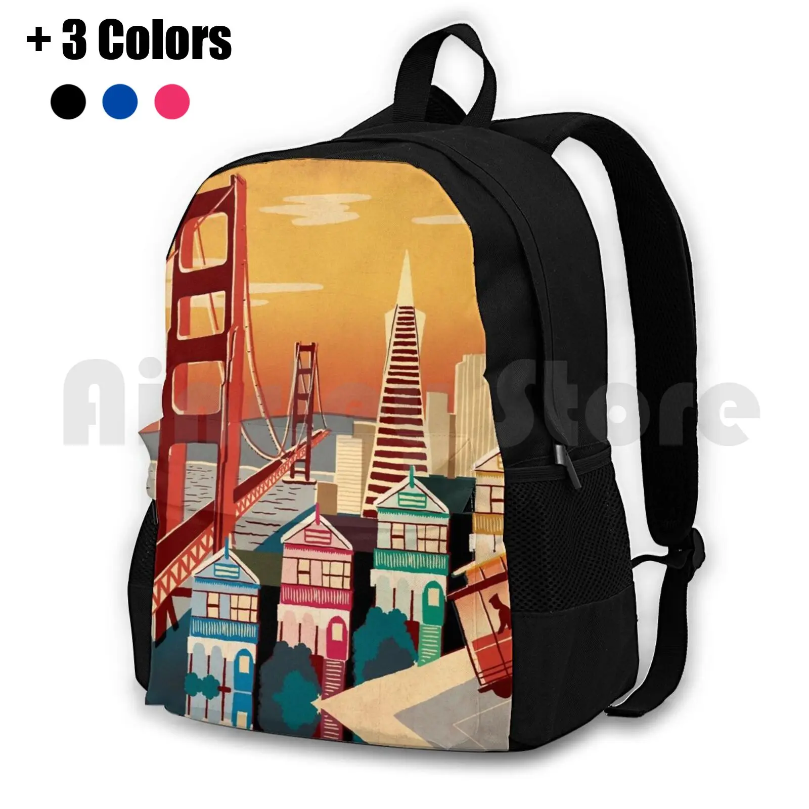 San Francisco Outdoor Hiking Backpack Waterproof Camping Travel San Francisco Golden Gate Bridge Painted Ladies Streetcar Retro