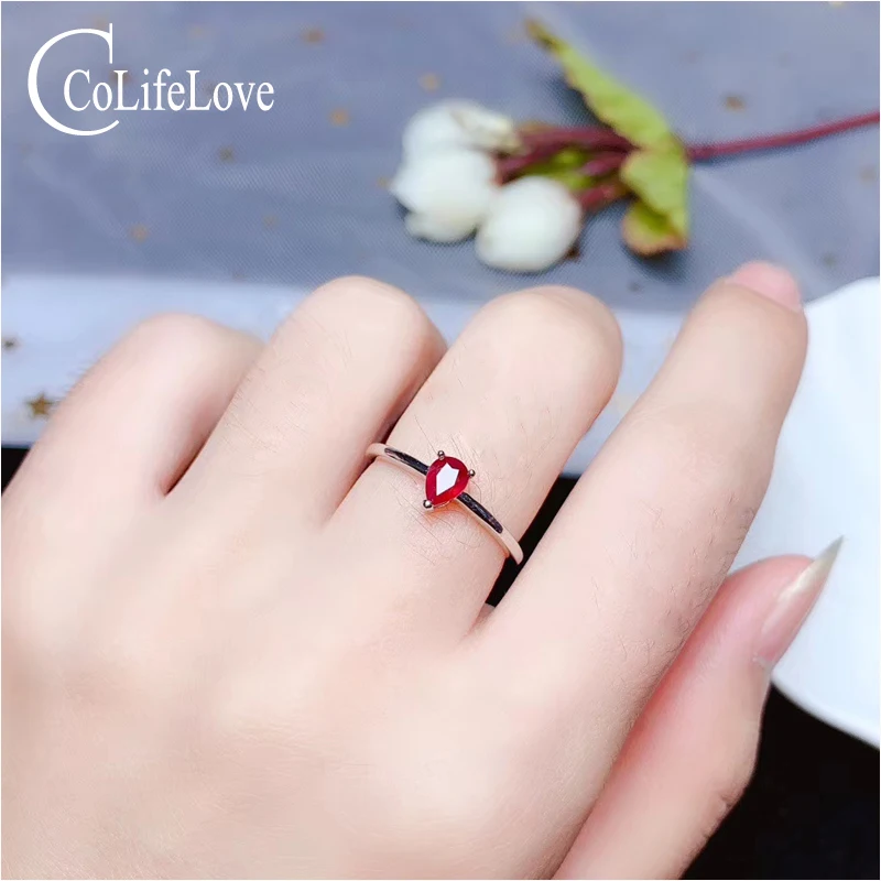 

CoLife Jewelry 100% Real Blood Red Ruby Ring for Engagement 3mm*5mm Ruby Silver Ring Simple Gemstone Ring for Office Woman