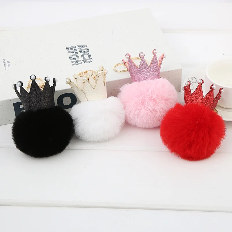 Cute Sequins Pearl Crown Pompom Key Chains Handmade Puffy Ball Keyring Bag Pendants Decoration Jewelry Charms Keychain Girl Gift