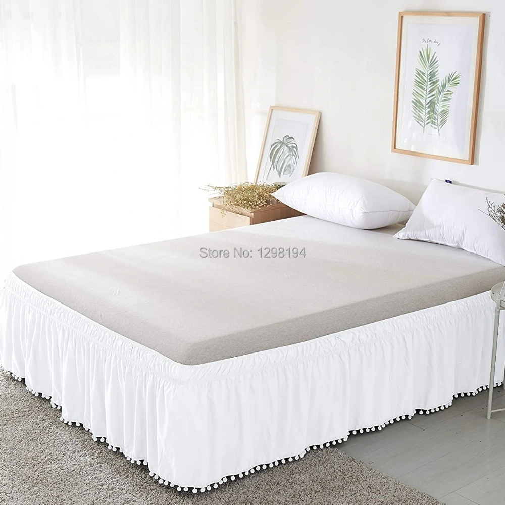 

Luxury Pompom Fringe Ruffle Bed Skirt -Wrap Around Style- Elastic Bed Wrap Dust Ruffle Bedskirt 16inch Drop, Twin/Queen/King