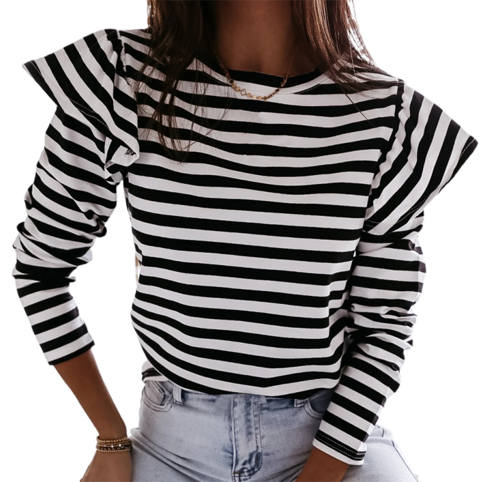 Striped T shirt for Women Autumn Long Sleeve Tshirt Pullovers Women Casual Ruffled O Neck Tshirts Jumpers Top femme t-shirts