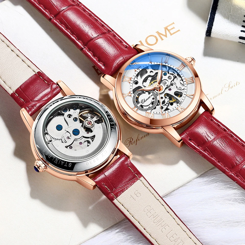 CHENXI-reloj mecánico automático para mujer, pulsera de acero inoxidable de lujo, resistente al agua, Tourbillon