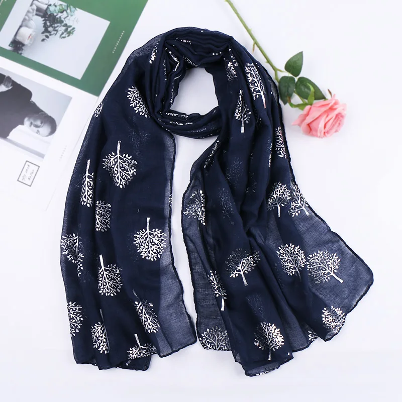 Luxury Designer Silver Tree TR Cotton Scarf Hijab Shimmer Glitter Scarves Women Muslim Hijab Headscarf Navy Blue Scarf 180*90cm