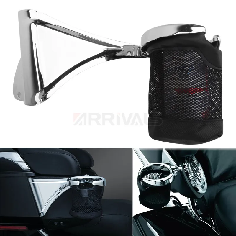 

Motorcycle Chrome Rear Drink Cup Holder Passenger With Basket For Harley Touring Road Glide Electra Glide FLTRU 14-up