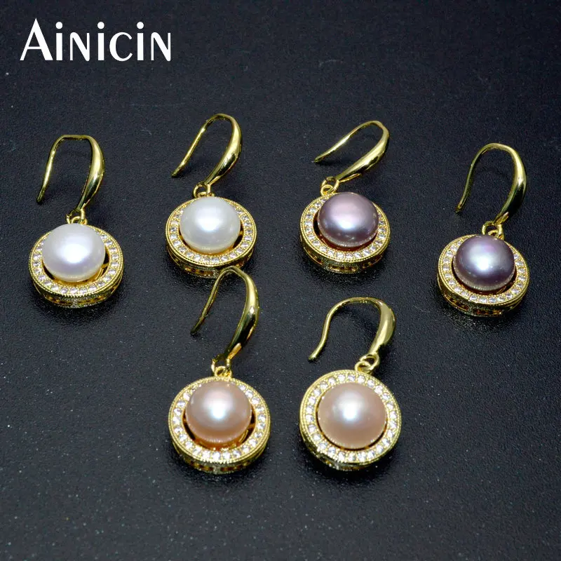 

High Quality Natural Freshwater Pearl Ear Rings Gold Color Rhinestone Crystal Setting Round Coin Shape Hook Earrings For Women