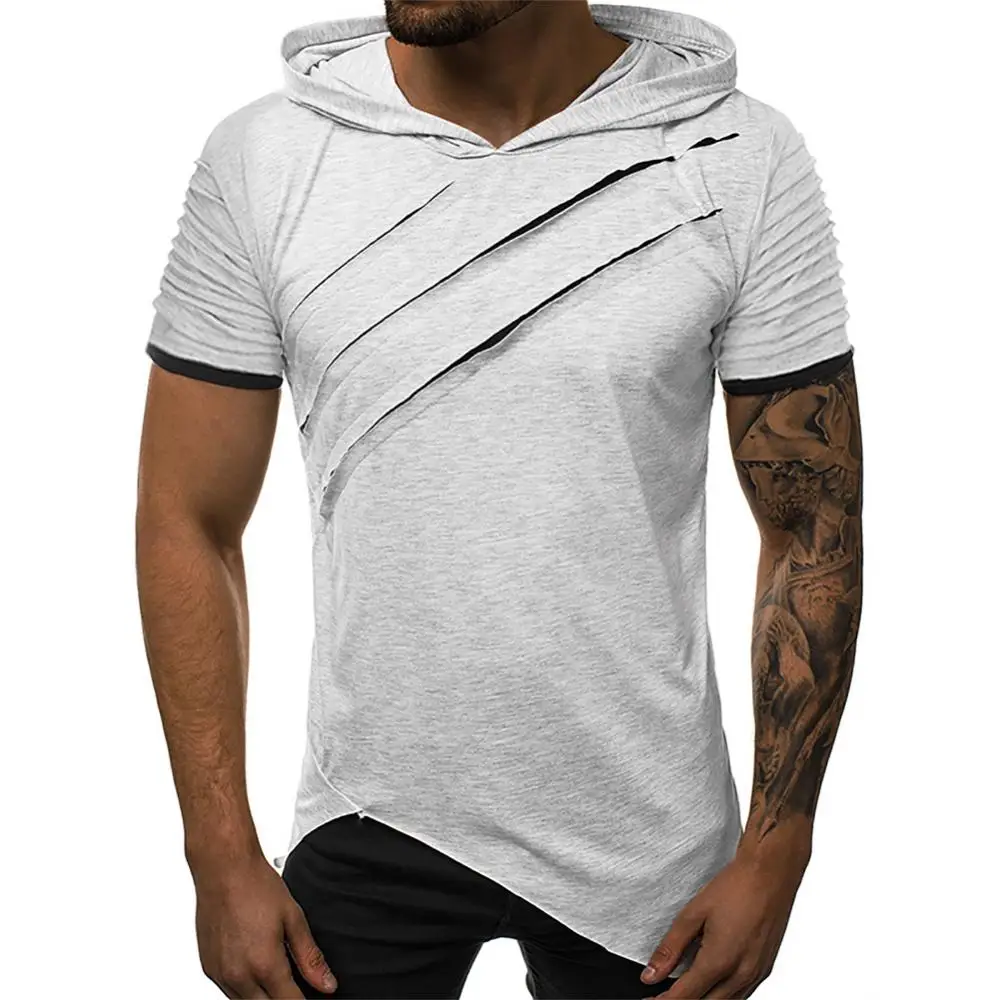 Men T-Shirts Casual Ripped Short Sleeve Ripped Irregular Hem Slim with Hood T-shirt Fitness Hoodie Summer 2021