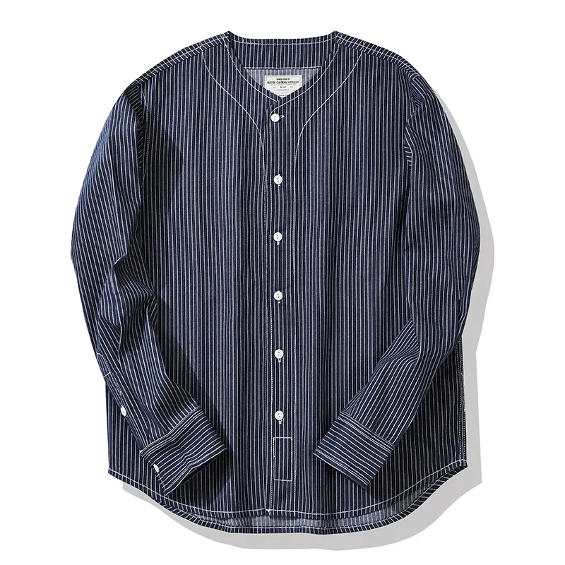 Japanese Vintage Long Sleeve Shirt Men Casual Stand Collar Denim Blue Striped Shirts Men\'s Fashion Cardigan Spring Autumn Tops