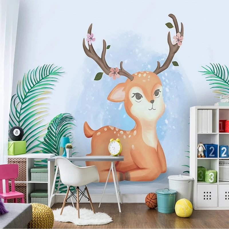 Custom Any Size Self-Adhesive 3D Modern Minimalist Nordic Cartoon Cute Elk Leaf Children's Room Background Wall Papel De Parede