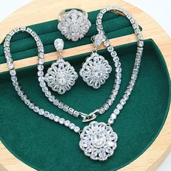 Shining 925 Silver Jewelry Sets for Women Wedding Bride White Topaz Necklace Pendant Earring Ring Dating  Gift