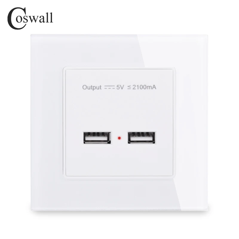 COSWALL Wall Power Socket Dual USB Smart Induction Charging Port For Mobile 5V 2.1A Output Crystal Tempered Glass Panel