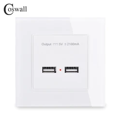 COSWALL Wall Power Socket Dual USB Smart Induction Charging Port For Mobile 5V 2.1A Output Crystal Tempered Glass Panel