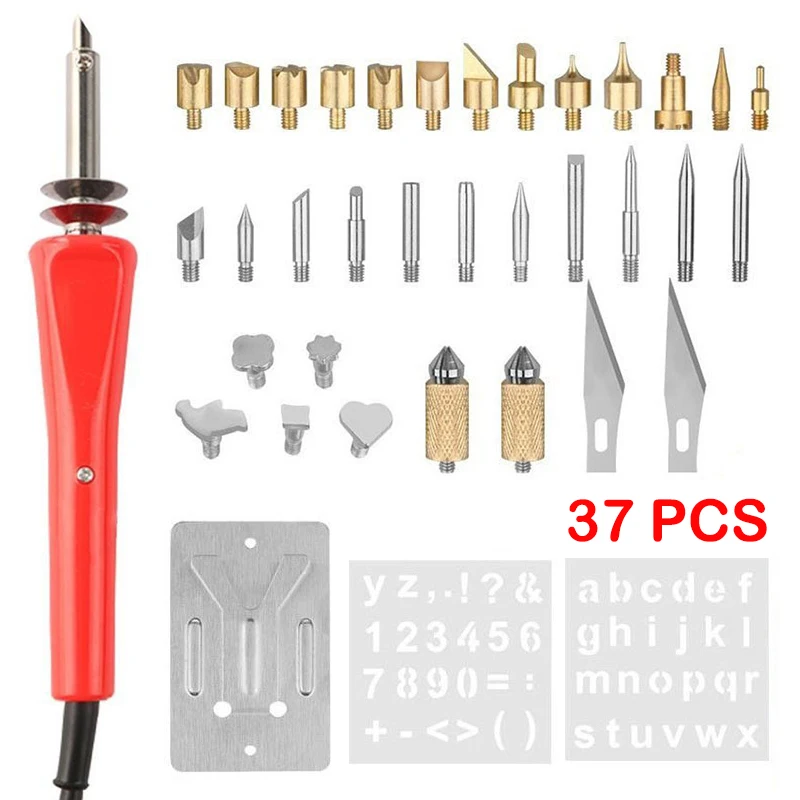 37pcs 30W Wood Burning Pen Tool Soldering Stencil Iron Craft Set Pyrography Kit