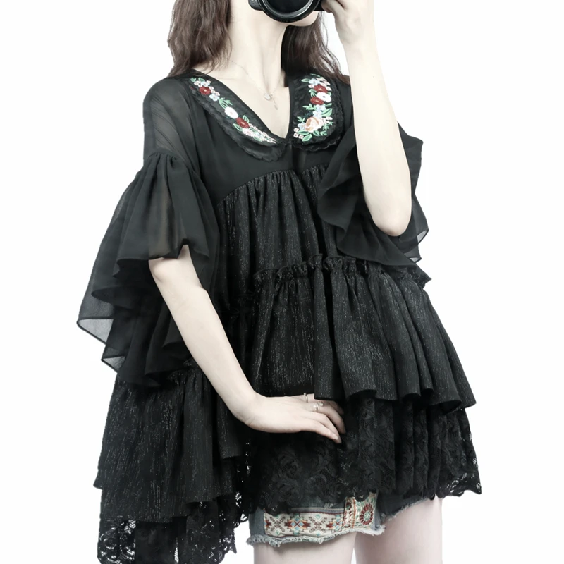 camisa-feminina-chiffon-bordado-floral-camisa-feminina-estilo-coreana-casual-preta-de-grandes-dimensoes