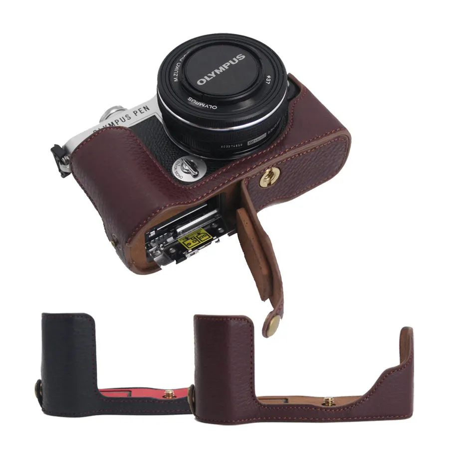 Etui ze skóry naturalnej, pokrowiec na aparat fotograficzny, ochrona na pół korpusu do Olympus PEN E-P7 EP7 z otworem na baterię, skórzana powłoka z PU