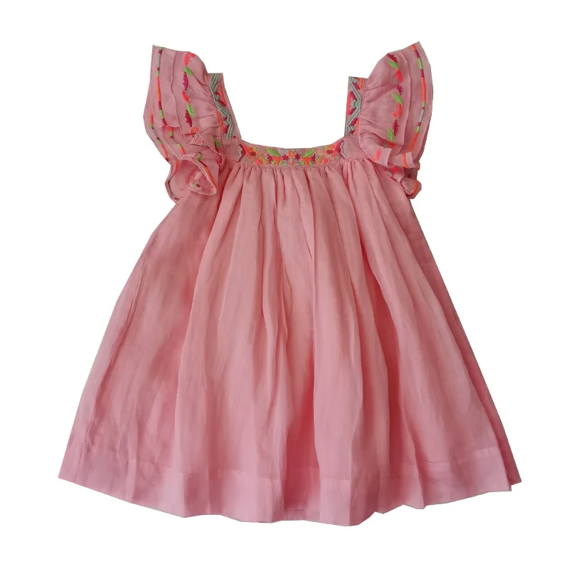

Baby girl summer embroidered sleeveless pink princess dress cotton linen square collar a-line dress