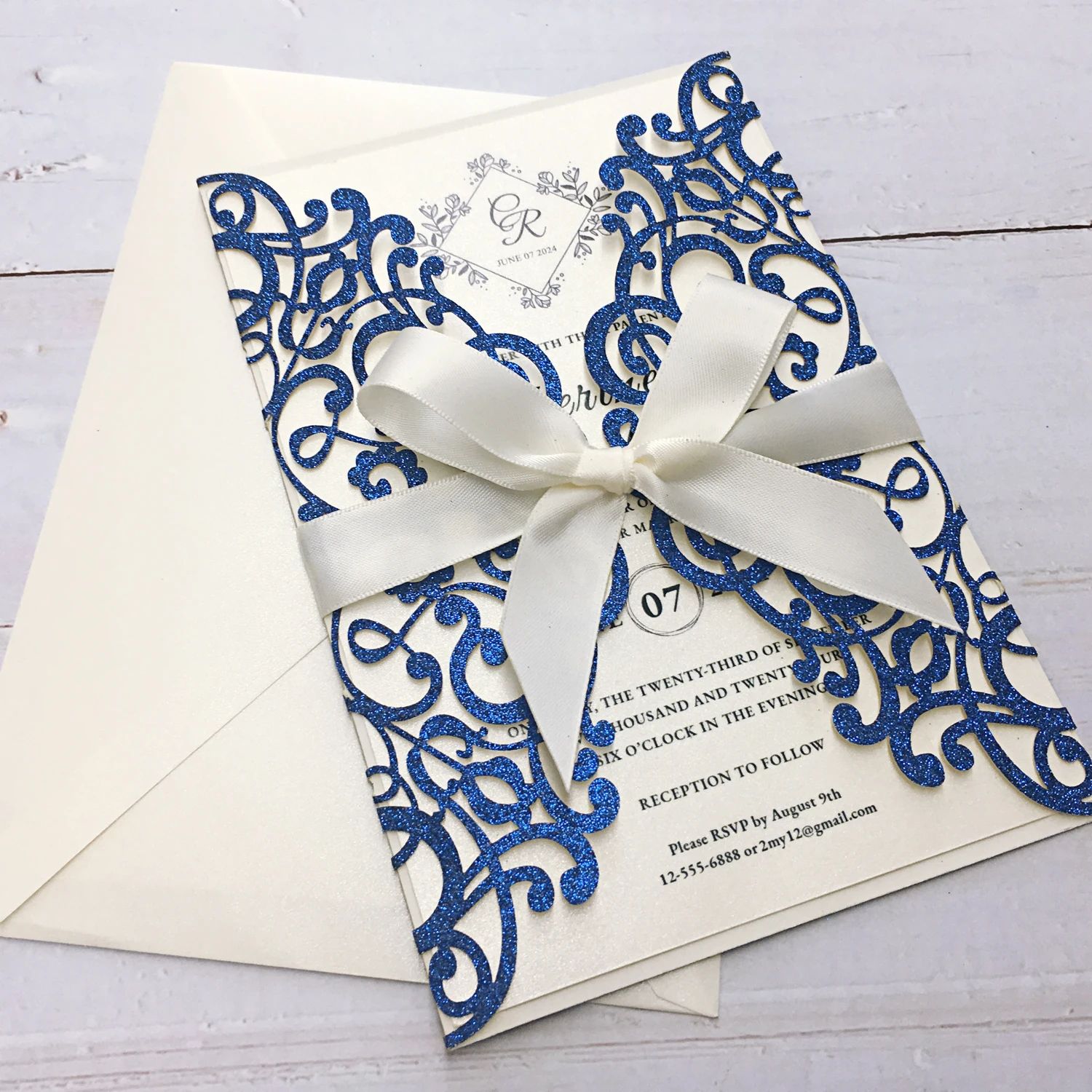 Picky Bride Royal Glitter Blue Wedding Invitations Laser Cut Invitation Printable Invitation Cards - set of 50 pcs