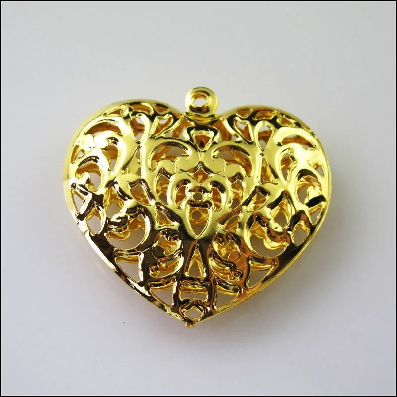 6Pcs Big Hollow Flower Heart Charms Pendants Golden Plated 38x40mm