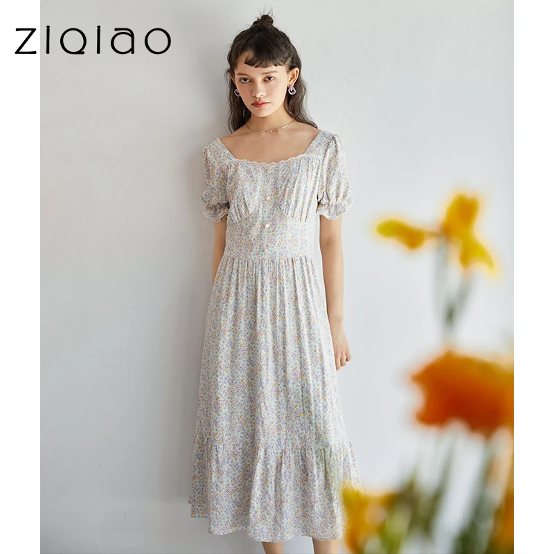 ZIQIAO Casual DressOffice Lady 150CM Purple Floral Dress Female Summer 2021 French Retro Niche Puff Sleeve Long Women Dress