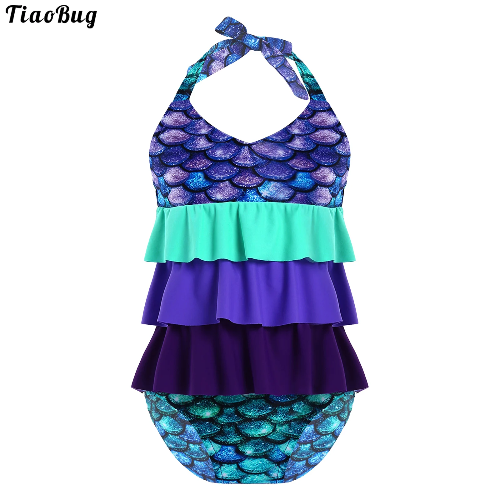 TiaoBug-traje de baño de sirena para niños y niñas, conjunto de Top y bragas con estampado de escamas de pescado, sin mangas, cuello Halter y volantes en capas, 2 piezas