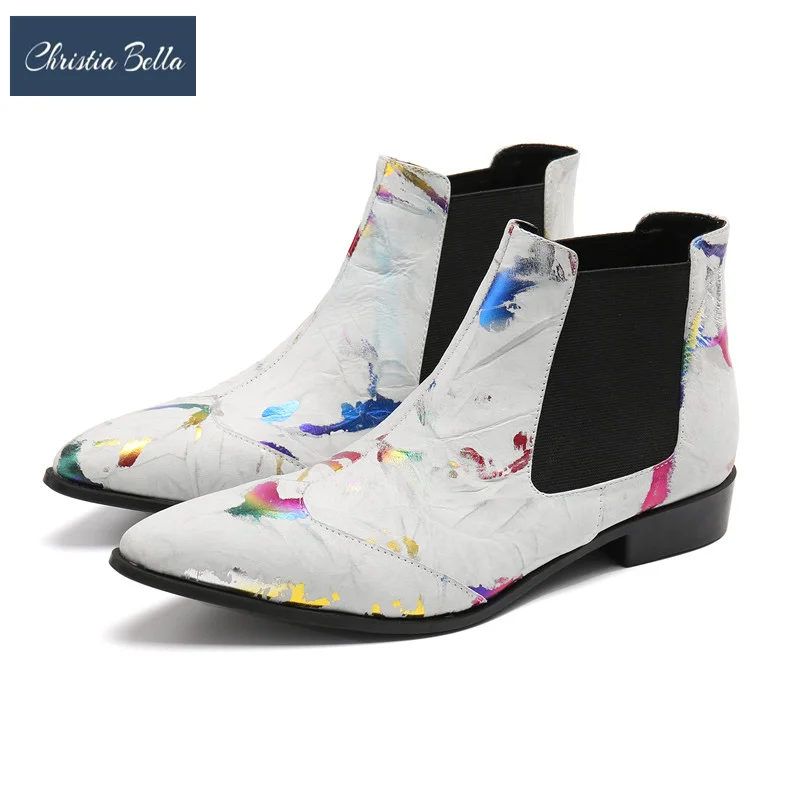 

Fashion White Color Print Pointed Toe Short Boots Wedding Party Evening Leather Shoes Male Business Office Big Size Formal Boots