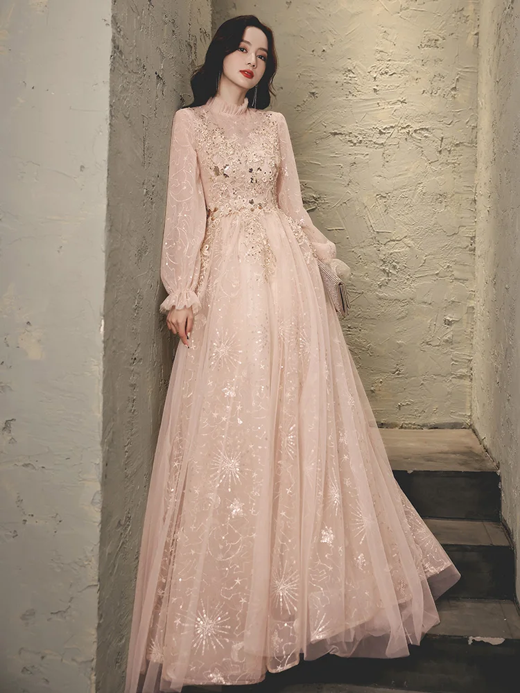 Pink Evening Party Dresses With Long Sleeves Modest High Neck A-line Floor-length Appliques Tulle Women\'s Formal Gowns