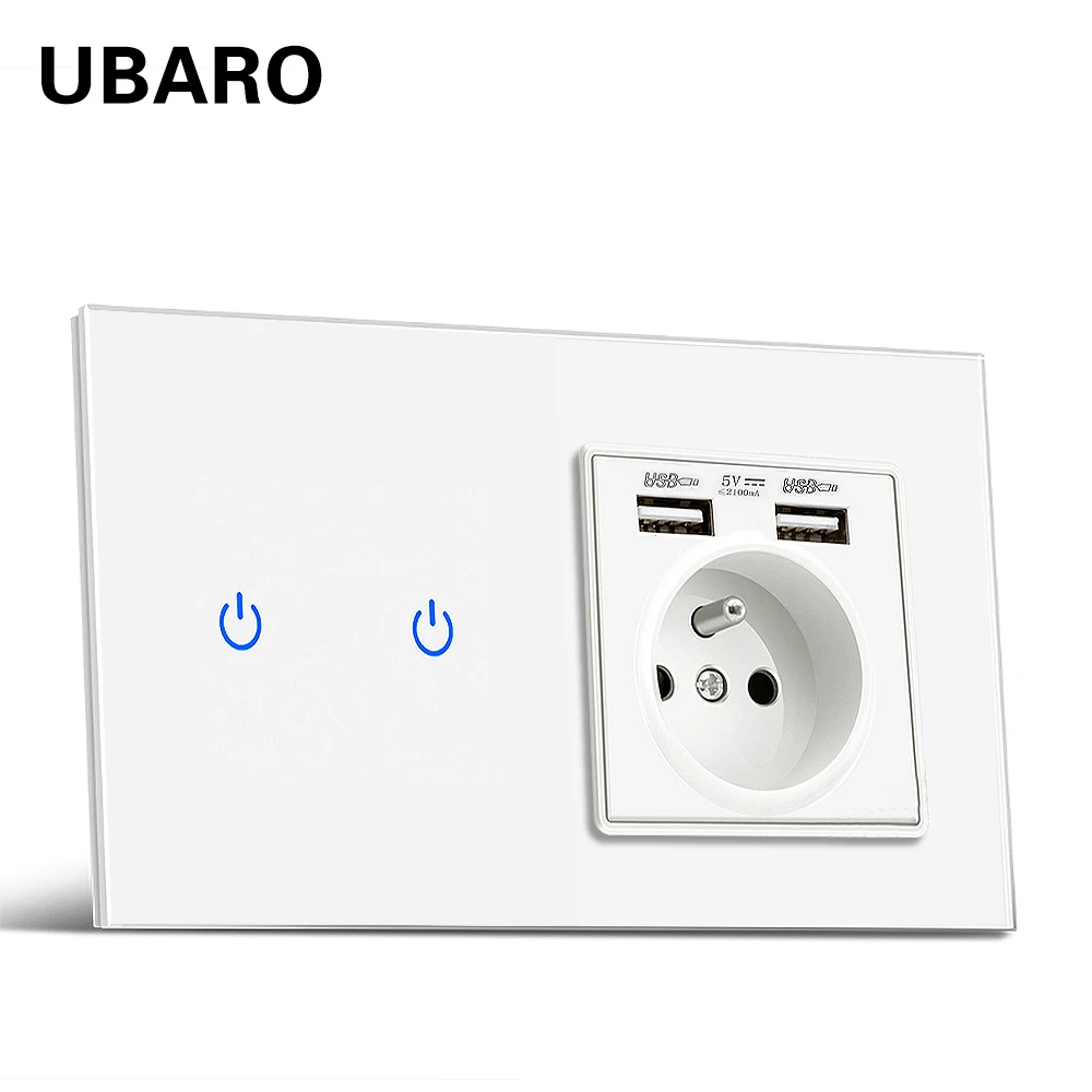 UBARO France Standard Wall Light Touch Switch With Tempered Crystal Glass Panel USB Socket Sensor Button Outlets Combination