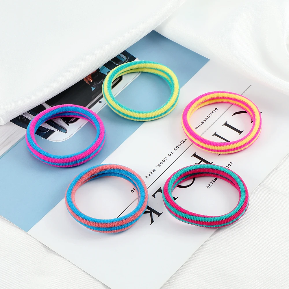 5Pcs/Set Fluorescent Series Colorful Stripe Hair Rope Children Baby Girl Candy Rubber Hair Bands Lovely Cartoon Solid Scrunchies