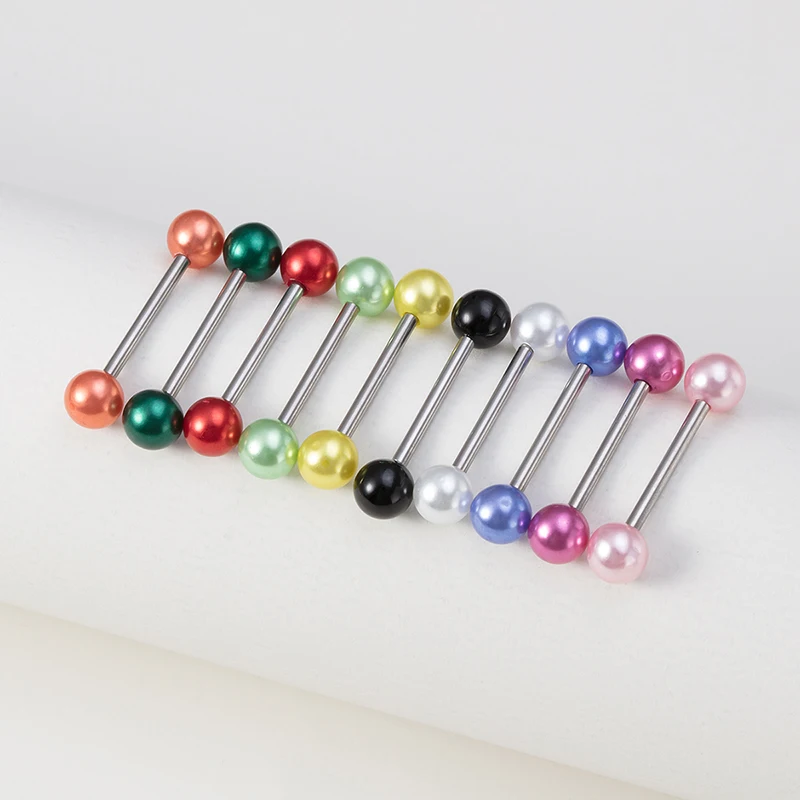 10pcs Colorful Pearl Tongue Ring Piercing Barbell Nipple Rings Ear Cartilage Retainer Bar Stud Stainless Steel Body Jewelry 14G