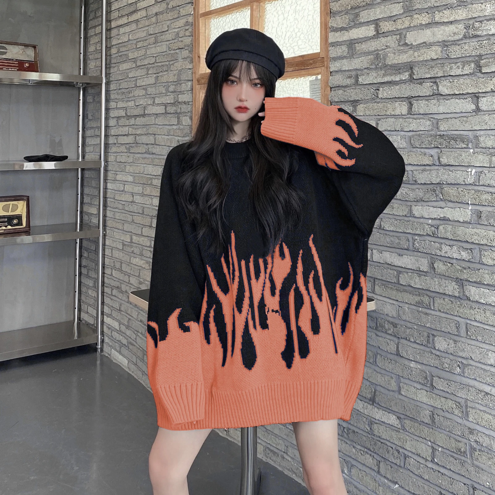 Women\'s Sweaters Winter Autumn Oversize Warm Sweater Loose Long O-Neck Flame Knitted Pullover Casual Top Purple Orange Hip Hop