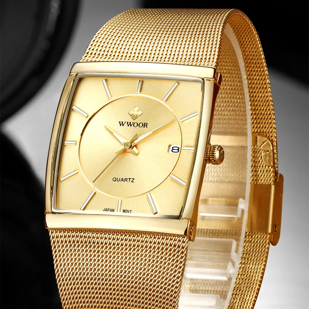 Mens Watches WWOOR Brand Luxury Ultra-thin Mesh Belt Gold Square Quartz Wristwatch Fashion Business Waterproof Relogio Masculino