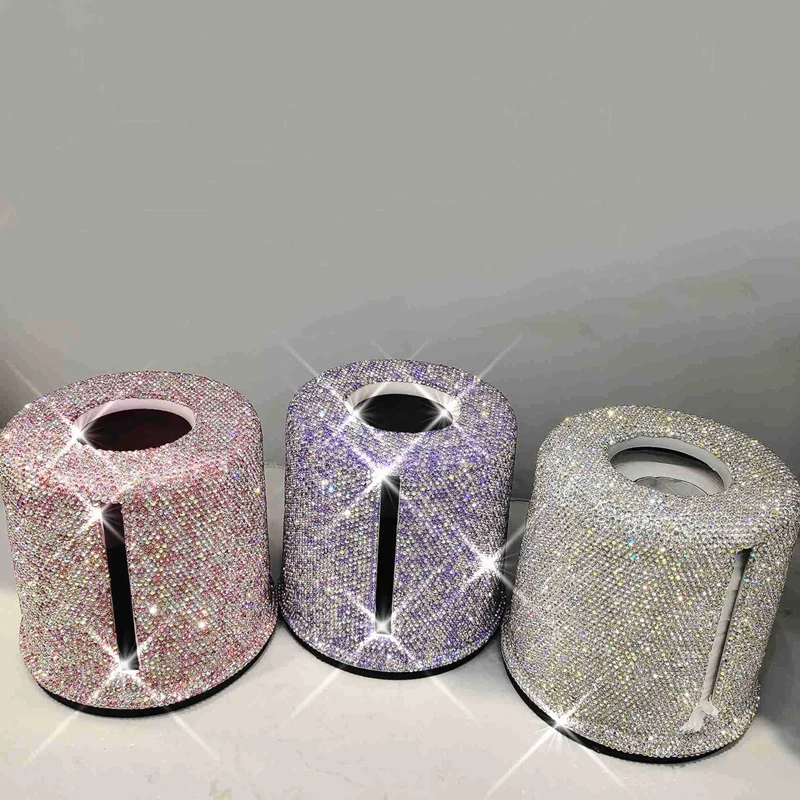 Rhinestone Cylinder Tissue Box Circular Pumping Case Office Living Room Bedroom Toilet Roll Paper Tube Bucket Holder Storage