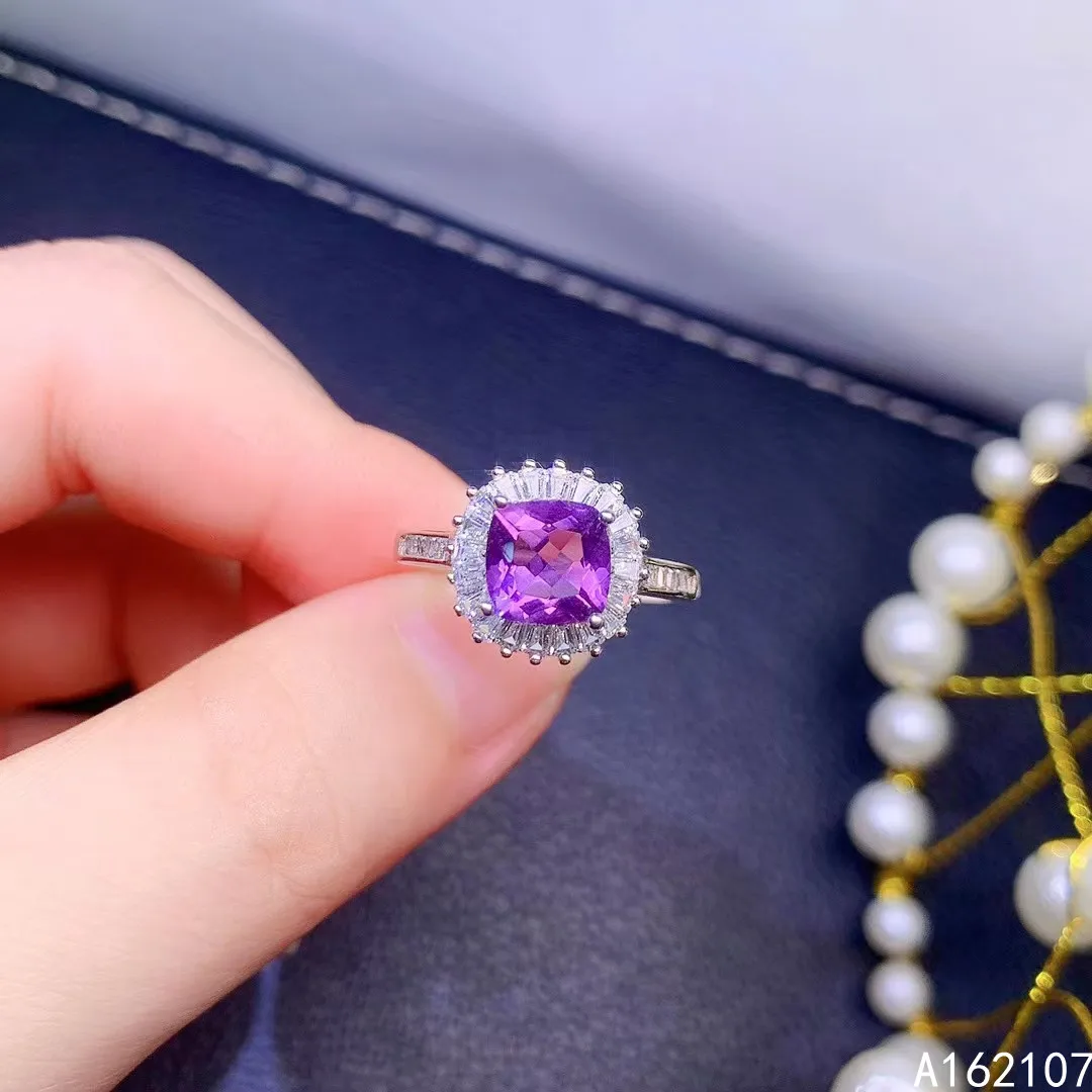 

Exquisite Jewelry 925 Sterling Silver Inset With Gemstone Women's Luxury Elegant Square Amethyst Adjustable Ring Support Detecti