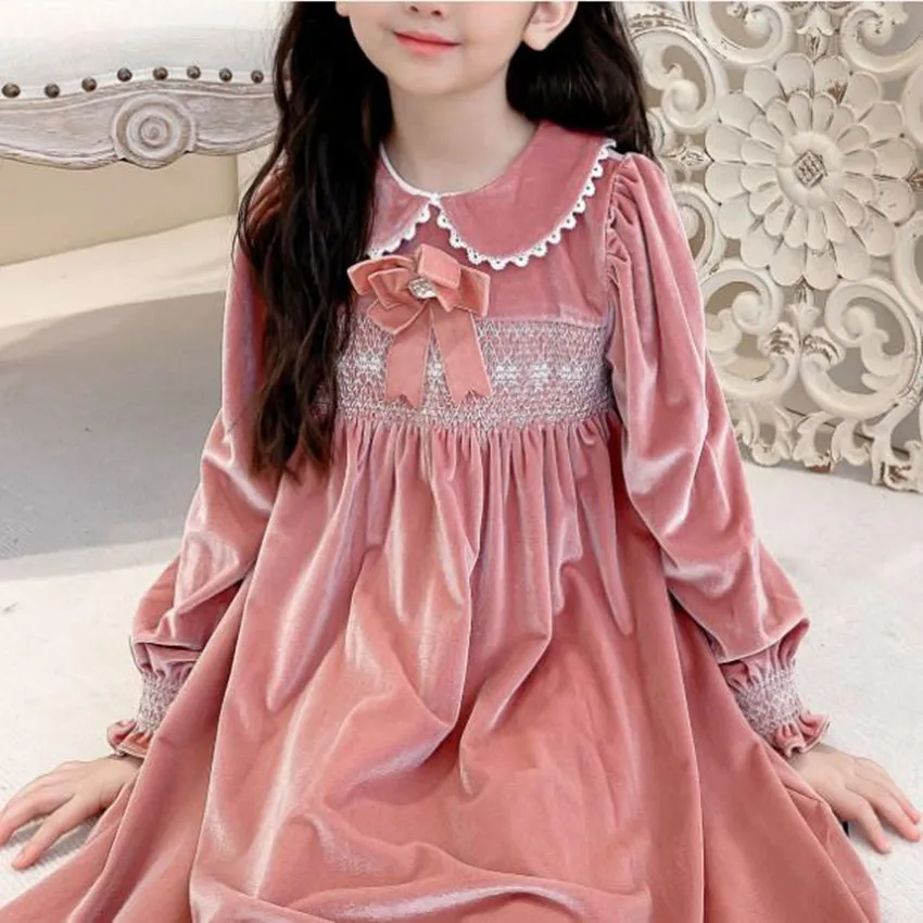 Bbaby menina inverno do vintage espanhol smocking veludo vestido de princesa crianças tribunal bordado festa aniversário vestido