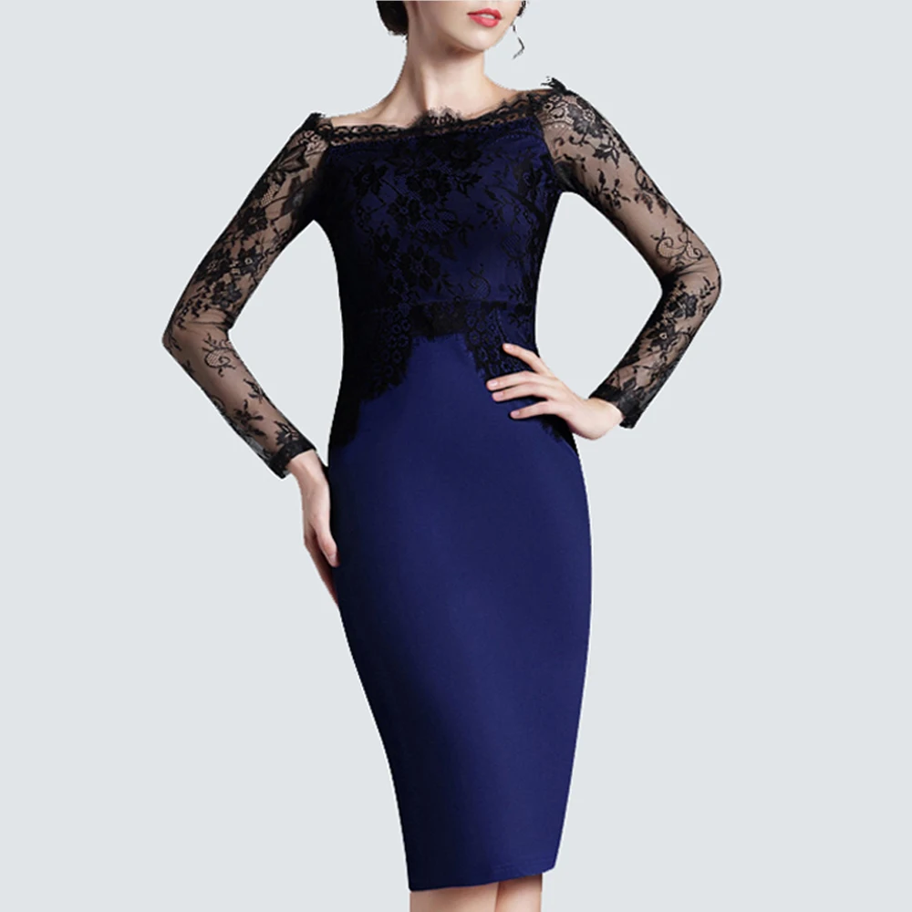 Vintage Chic Lace Patchwork Slim Bodycon Business Elegant Women Slash Neck Pencil Dress H803