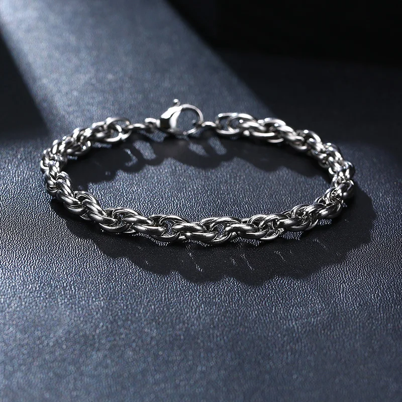 Men Rope Chain Stainless Steel Bracelet Twist Link Brazalets Silver Color