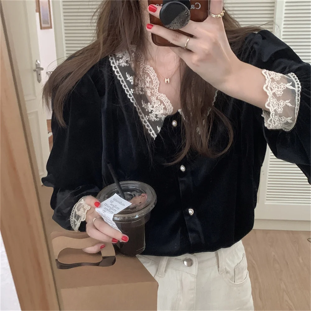 Alien Kitty Soft Velvet Lace Women Shirts New Full Sleeve Retro 2021 Elegant Casual Office Lady Streetwear Patchwork Gentle Tops