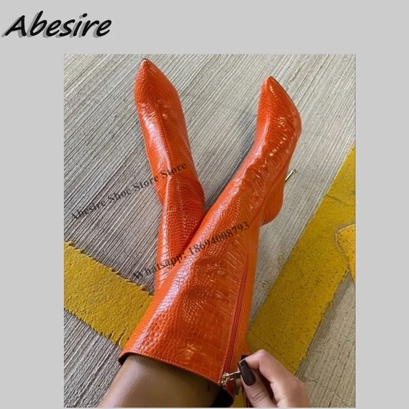 

Abesire Long Boots Alligator Print Orange Metal High Heel Soft Leather Pointed Toe Knee High New Autumn Winter Big Size Shoes