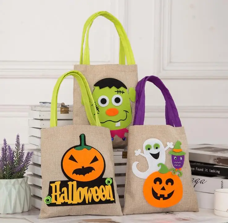 

Halloween Cartoon Present Wraps Trick or Treat Bags Witch Pumpkin Candy Handbags Burlap Tote Bag Reusable Gift Wrap Kids SN3809