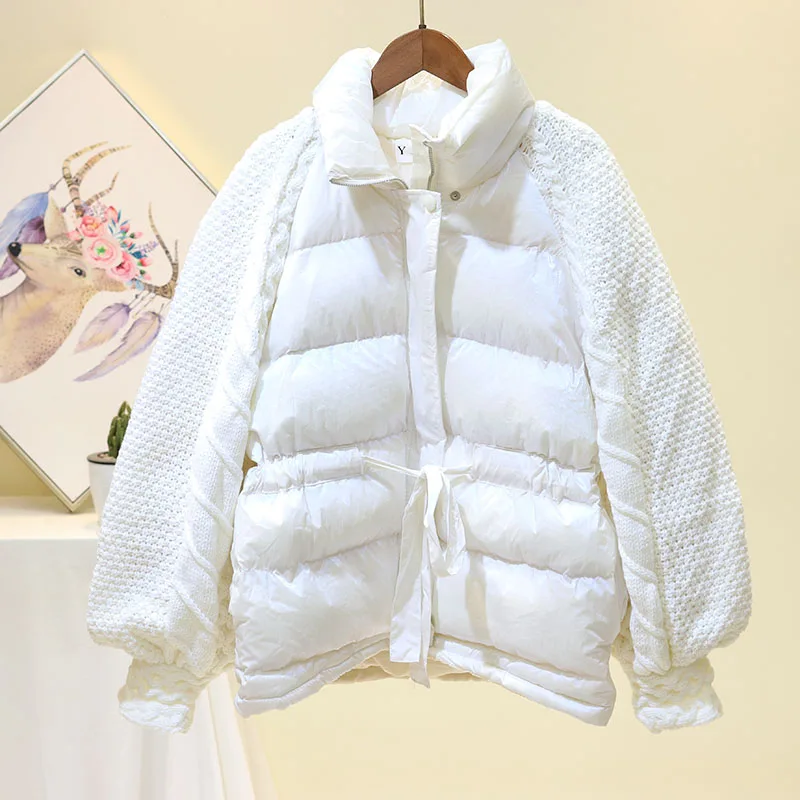 2024 Winter Fashion Knitted Lantern Sleeve Coat Women Down Cotton Jacket Casual Stand Collar Windproof Warm Female Loose Outwear