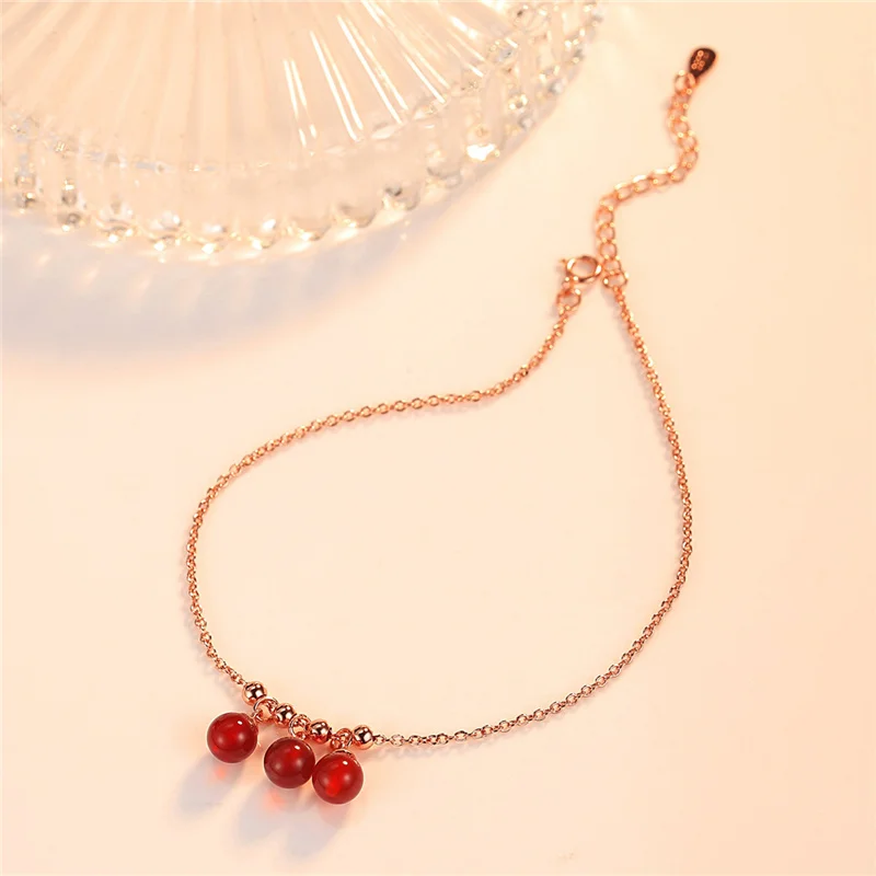 KOFSAC New Trendy 925 Sterling Silver Anklets For Women Simple Personality Red Crystal Ball Foot Chain Jewelry Lady Party Gifts