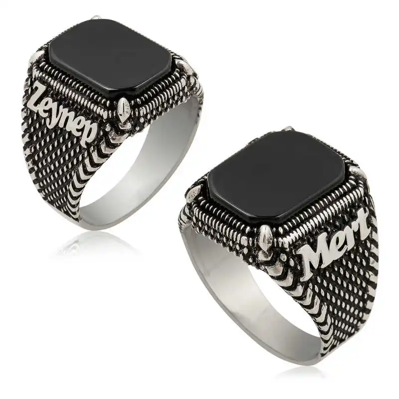 ​Silver Onyx Stone Men's Ring With Name Writable - 925 Sterling Men's Jewelry Wedding Birthday Gift - Box - Zircon Stone - Men - Fashion - Botiva - Size - Turkish - Patterned Embroidery