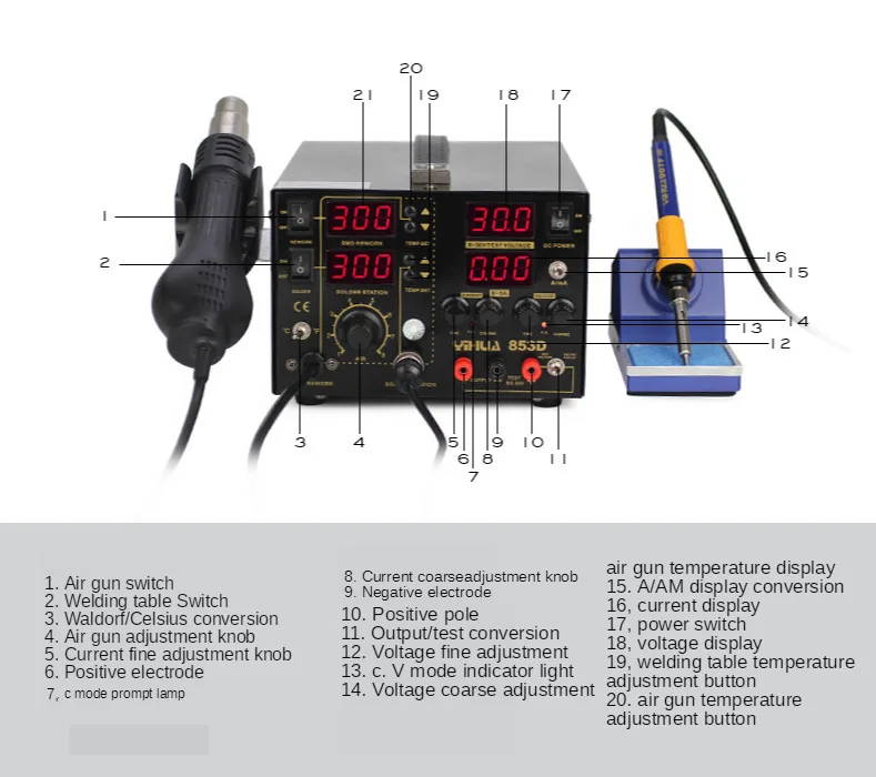 YIHUA 853D 5A Hot Air Gun Rework Station 5A DC Power Supply 3 In 1 Functions Rework Soldering Iron Station