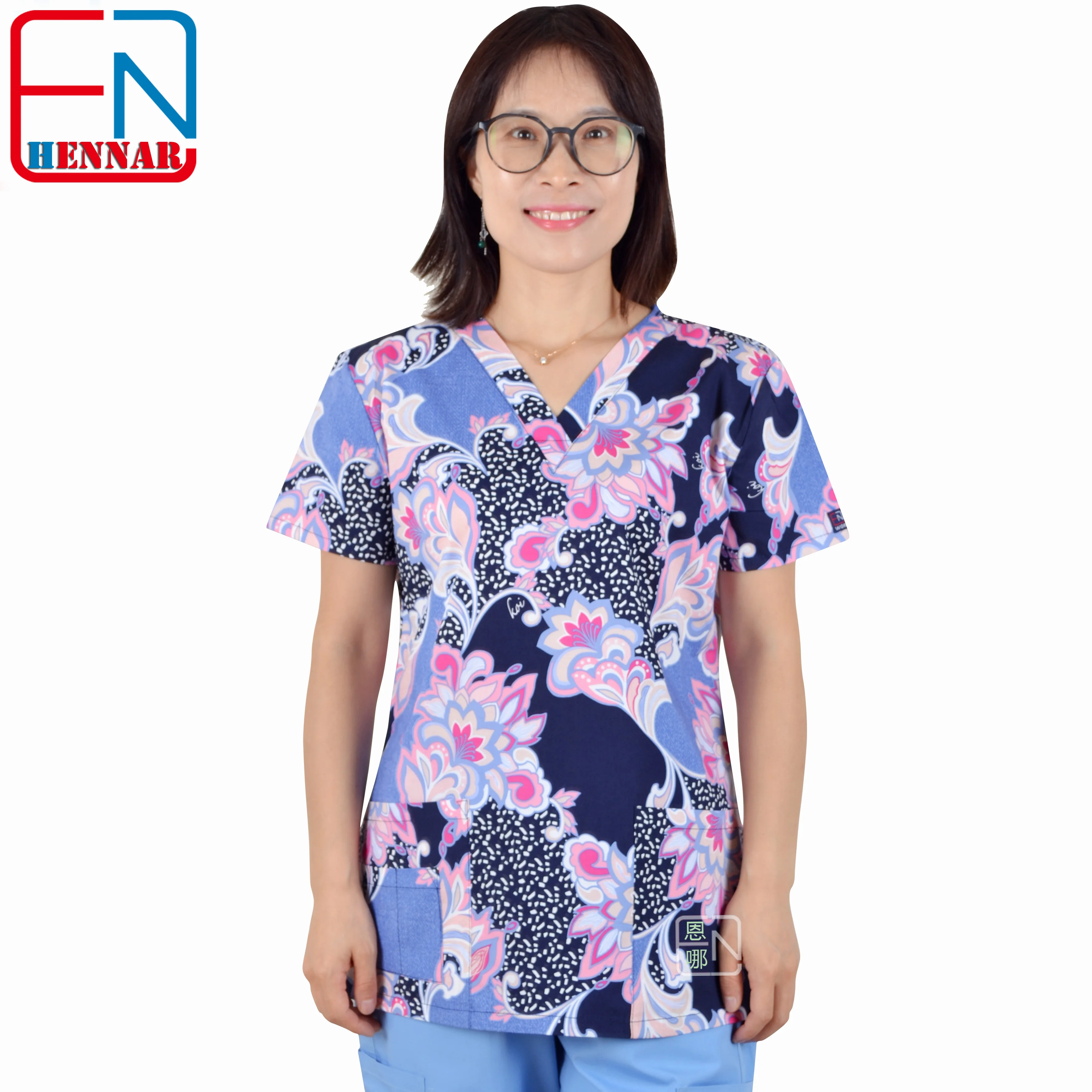 Hennar Women Scrub Top 100% Print Cotton  Uniforms V-Neck Short Sleeve XXS-3XL Hospital Clinical scrubScrubs Top