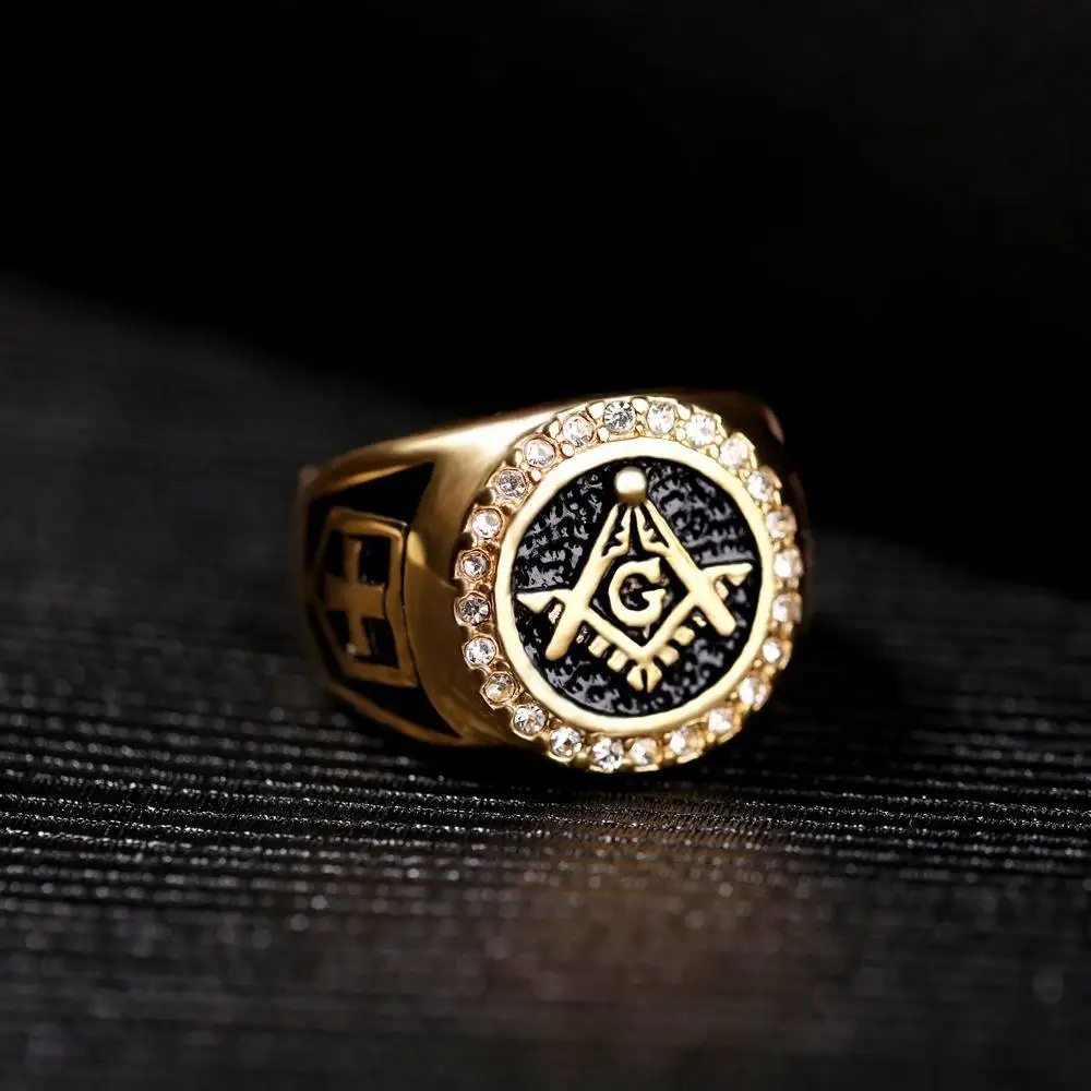 Hot sale Fashion Jewelry Men Vintage Charm Mason Freemason Masonic Rings Punk Stainless Steel Gold Color Ring For Mens Jewelry