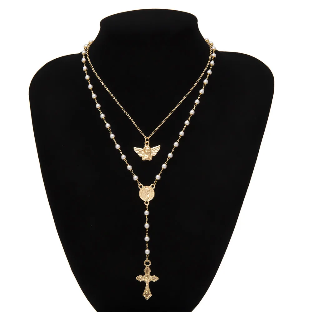 Long Tassel Cross Jesus Virgin Mary Rosary Pearl Beads Necklace Women Catholic Christian Religious Necklaces