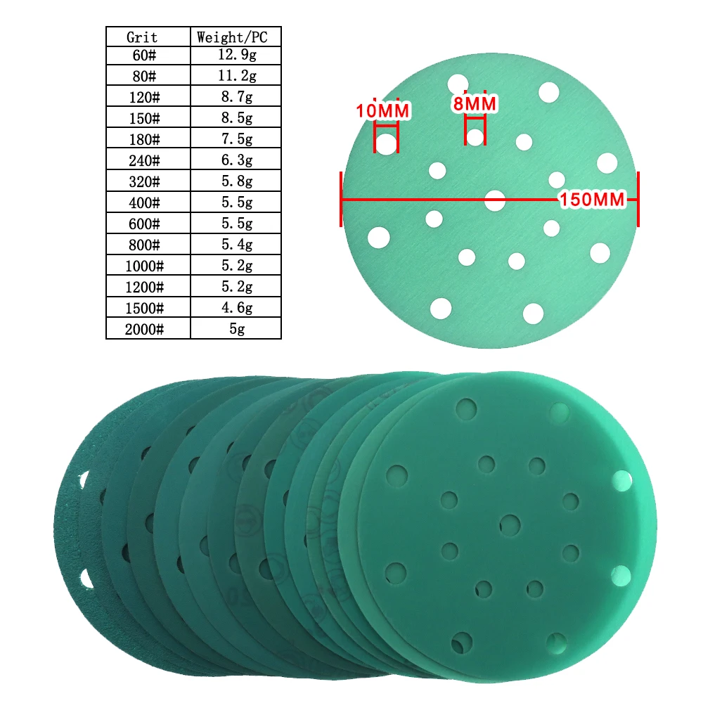 6 Inch 150MM 17 Holes 60-2000 Grits Hook and Loop PET Film Aluminum Oxide Wet&Dry Sandpaper Sanding Disc for Car Paint