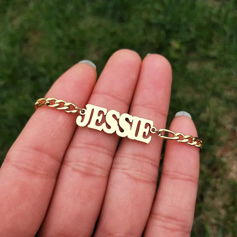 Minimal Nameplate Bracelet Gold Figaro Chain Custom Name Bracelet Women Men Personalized Jewelry Bridesmaid Gift