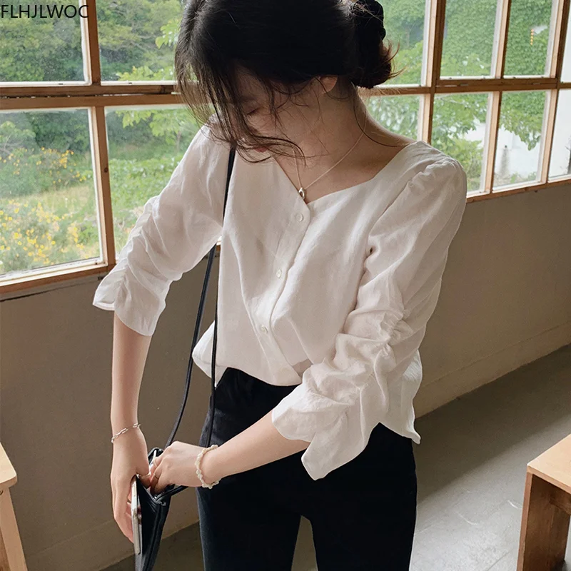 2020 Fall Autumn Basic Shirt Single Breasted Button Tops Cute Preppy Style Japan Korea Chic Vintage Blouse Solid White Women Top