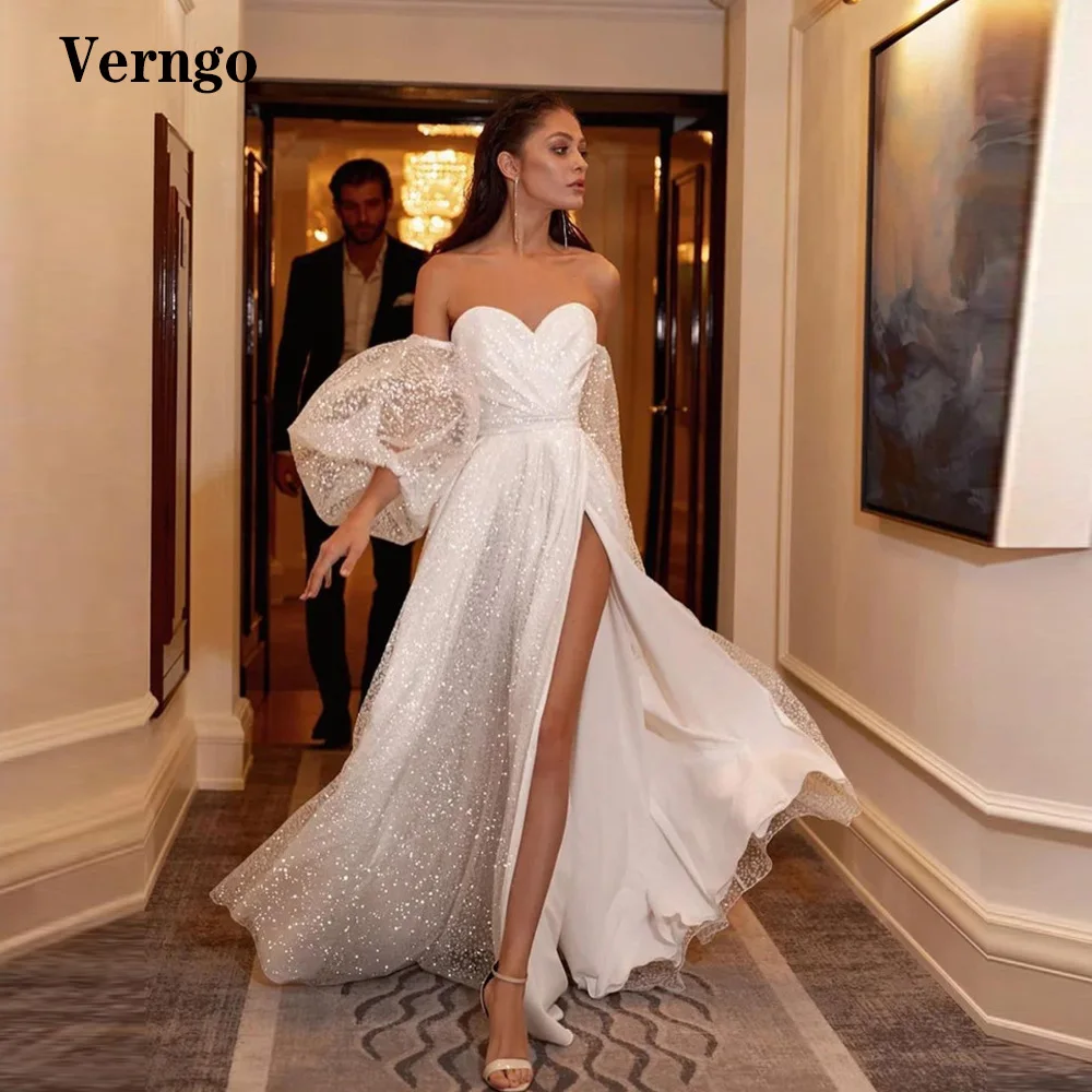 

Verngo Sparkly Glitter A Line Wedding Dresses Puff Sleeves Sweetheart Slit Modern Bridal Gowns Long White Formal Dress 2021