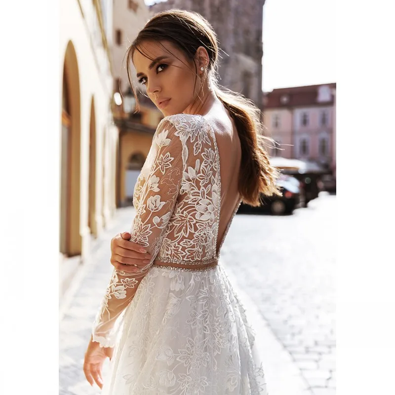 Thinyfull elegante sem costas vestidos de casamento a linha v pescoço até o chão vestidos de noiva tule apliques renda novia 2020